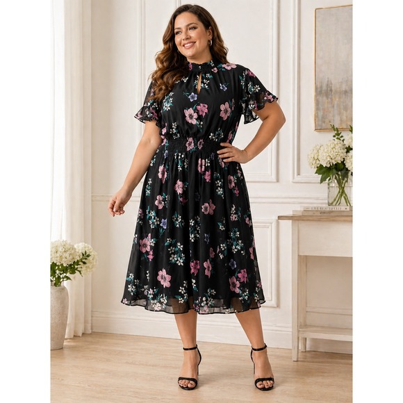 Lane Bryant Dresses & Skirts - NWT Lane Bryant Floral Dress Blk Smocked Keyhole Chiffon Plus Size 24P 24 Petite